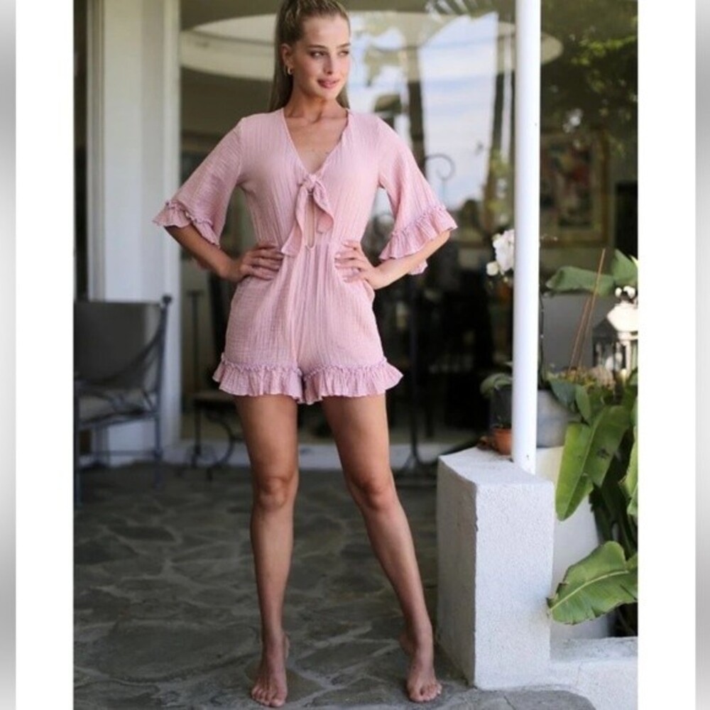 STARK X Cotton Solid Ruffle Short Sleeves Women's Jumpsuit Dusty Rose (Size S)